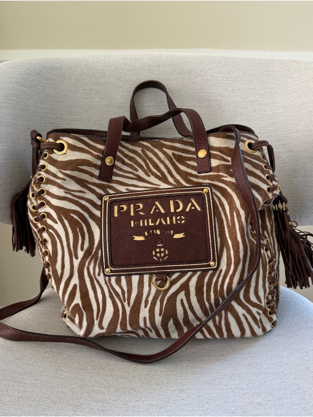 Prada Zebra Pony Hair Calf Hair Leather Tote Shoulder Bag Brown Gold Tassel